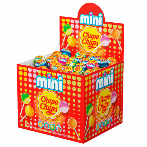 Карамель CHUPA CHUPS (Чупа-Чупс) "Mini", ассорти вкусов, 6 г, КОМПЛЕКТ 100 шт.