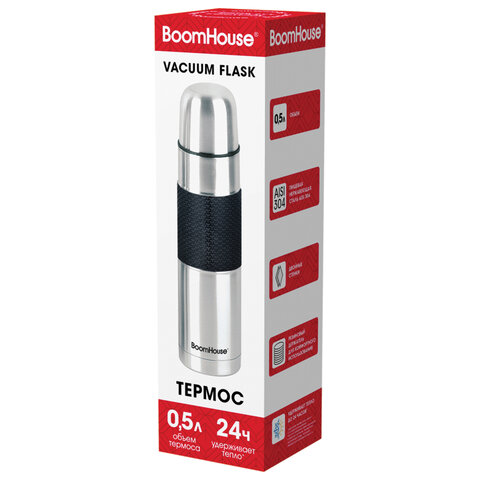 Термос 0,5 л, BOOMHOUSE (БУМХАУС) CLASSIC, нержавеющая сталь SUS304, черный силиконовый рукав, крышка/кружка, 700307