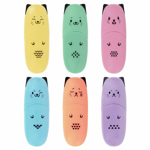 Набор текстовыделителей мини 6 ЦВЕТОВ BRAUBERG KIDS "CUTE CATS PASTEL", линия 1-5 мм, 152436