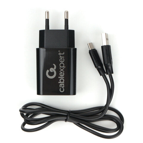 Зарядное устройство CABLEXPERT 12 Вт, 2.4 А, 2 х USB, кабель Type-C, 1 м, черный, коробка-блистер, MP3A-PC-37