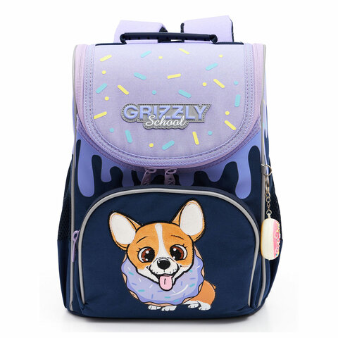 Ранец GRIZZLY анатомическая спинка, с мешком для обуви, для девочек, "CORGI", 33х25х13 см, RAm-384-3/3