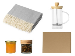 Подарочный набор с пледом, френчпрессом, чаем и вареньем, Цвет серый