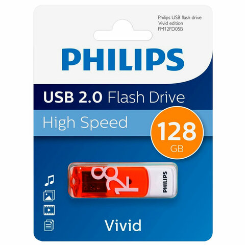 Флеш-диск 128 GB PHILIPS VIVID, разъем USB 2.0, желтый, FM12FD05B/97