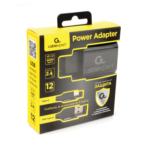 Зарядное устройство CABLEXPERT 12 Вт, 2.4 А, 2 х USB, кабель Type-C, 1 м, черный, коробка-блистер, MP3A-PC-37
