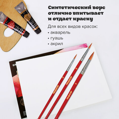 Кисти ПИФАГОР, набор 3 шт. (СИНТЕТИКА: круглые № 2, 3, 5), пакет с европодвесом, 200226