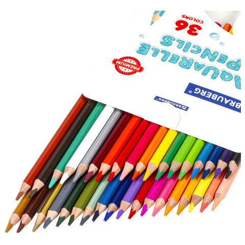 Карандаши цветные акварельные BRAUBERG PREMIUM AQUARELLE, 36 цветов, трехгранные, утолщенный грифель 4 мм, натуральное дерево, 181674