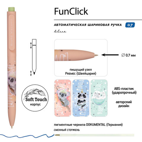 Ручка шариковая автоматическая BRUNO VISCONTI "FunClick", СИНЯЯ, "Милота", ассорти, линия письма 0,5 мм, 20-0297/01