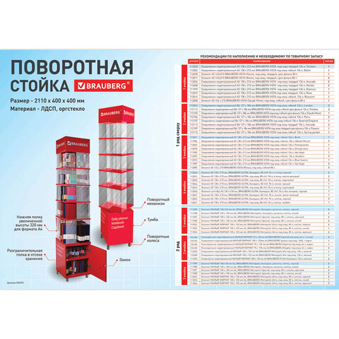 Стойка поворотная, мобильная для ежедневников, блокнотов, тетрадей, BRAUBERG, 211х40х40 см, ЛДСП, 504951