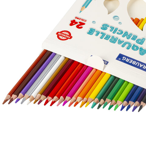 Карандаши цветные акварельные BRAUBERG PREMIUM AQUARELLE, 24 цвета, трехгранные, утолщенный грифель 4 мм, натуральное дерево, 181673