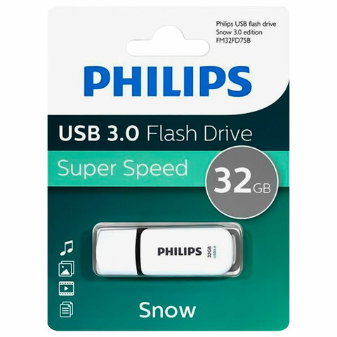 Флеш-диск 32 GB PHILIPS SNOW, разъем USB 3.0, черный, FM32FD75B/97