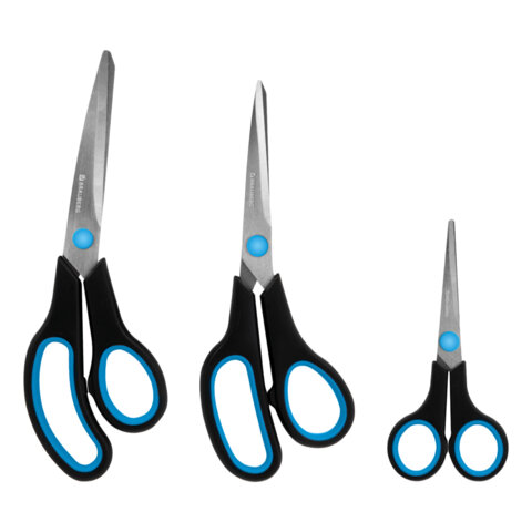 Ножницы BRAUBERG SOFT GRIP, НАБОР 3 штуки (140, 190, 230 мм), эргономичные черно-бирюзовые ручки, ВЫГОДНАЯ УПАКОВКА, 238411
