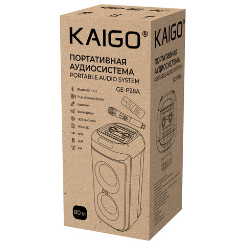 Колонка напольная KAIGO (КАЙГО) GE-P28A + микрофон и пульт В ПОДАРОК, 80 Вт, EQ, Bluetooth, USB, micro SD, AUX, LED, TWS, FM, 514227