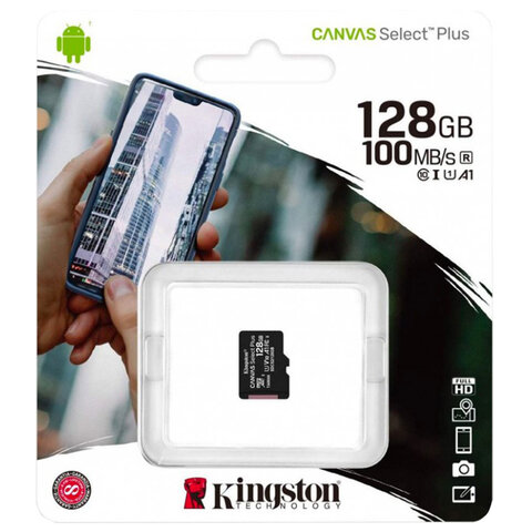 Карта памяти microSDXC 128GB KINGSTON Canvas Select Plus UHS-I U1, 100 Мб/с (class 10), SDCS2/128GBSP