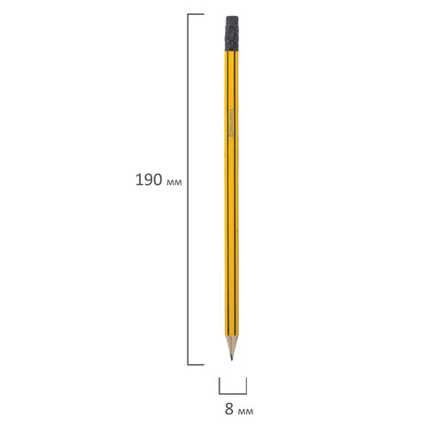 Карандаш чернографитный BRAUBERG, 1 шт., НВ, с ластиком, корпус желтый с черными полосами, заточенный, 180614