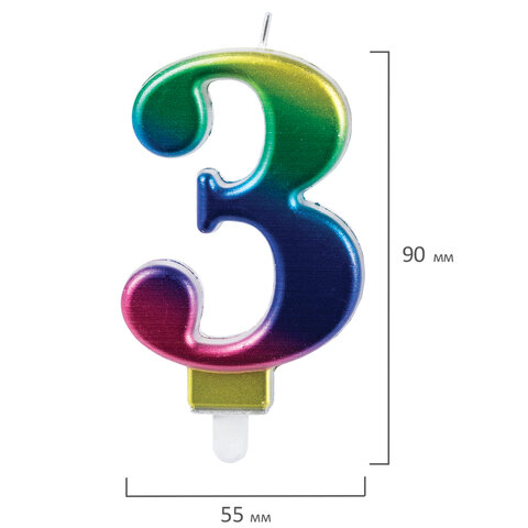 Свеча-цифра для торта "3" "Радужная", 9 см, ЗОЛОТАЯ СКАЗКА, с держателем, в блистере, 591436