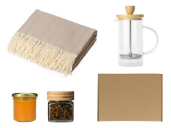 Подарочный набор с пледом, френчпрессом, чаем и вареньем, Цвет бежевый