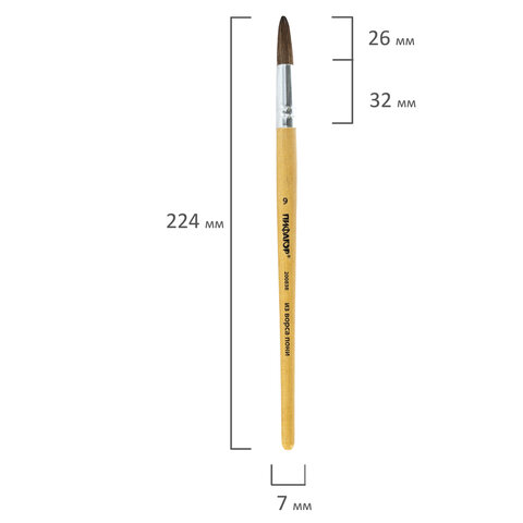 Кисть ПИФАГОР, ПОНИ, круглая, № 9, деревянная лакированная ручка, колпачок, пакет с подвесом, 200838