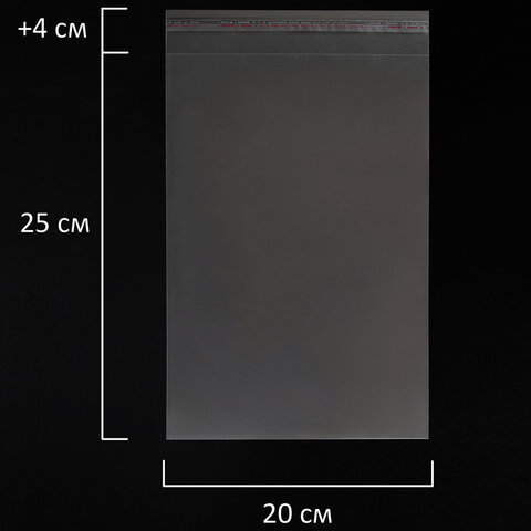 Пакет БОПП с клеевым клапаном, КОМПЛЕКТ 100 шт., 20х25+4 см, толщина 30 мкм, с усиленным швом