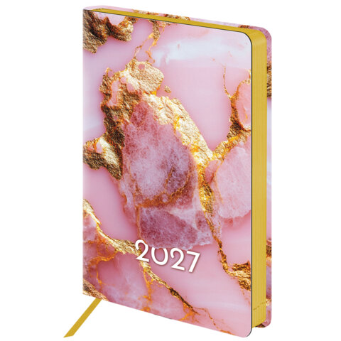 Ежедневник датированный 2027, А5, 138x213 мм, BRAUBERG "Vista", под кожу, гибкий, "Pink marble", 117983