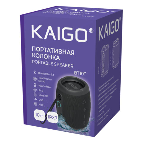 Колонка портативная KAIGO (КАЙГО) BT10T, 10 Вт, Bluetooth, USB, Micro SD, AUX, RGB, TWS, IPX7, черная, 514224