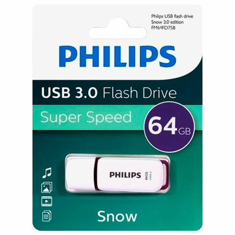 Флеш-диск 64 GB PHILIPS SNOW, разъем USB 3.0, фиолетовый, FM64FD75B/97