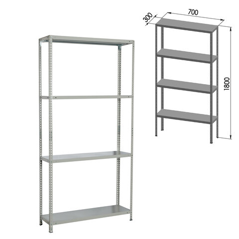 Стеллаж металлический BRABIX "MS KD-180/30/70-4", 1800х700х300 мм, 4 полки, сборная стойка, 291112, S240BR123402