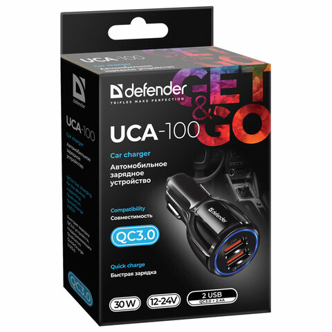 Зарядное устройство АВТОМОБИЛЬНОЕ, 2 порта USB, выходной ток 3А, черное, DEFENDER UCA-100, 83833