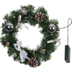 Венок еловый DECORAGE, диаметр 30 см, 10 LED ламп, на батарейках, зелёная хвоя, серебристые украшени