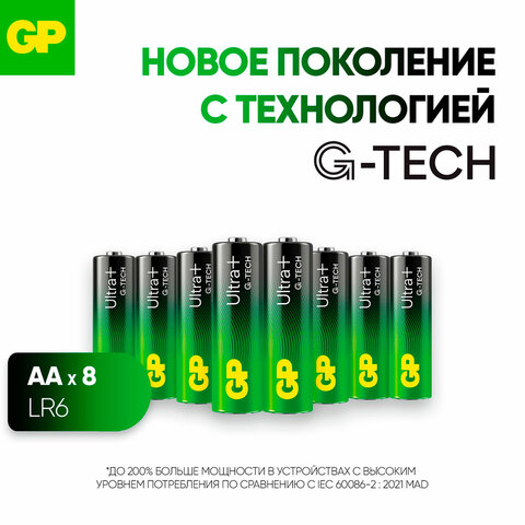 Батарейки КОМПЛЕКТ 8 шт., GP Ultra Plus G-Tech, AA (LR6), алкалиновые, пальчиковые, 15AUPA21-2CRB8