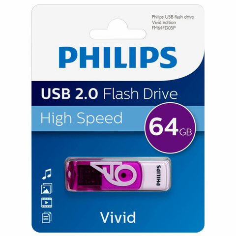 Флеш-диск 64 GB PHILIPS VIVID, разъем USB 2.0, фиолетовый, FM64FD05P/97