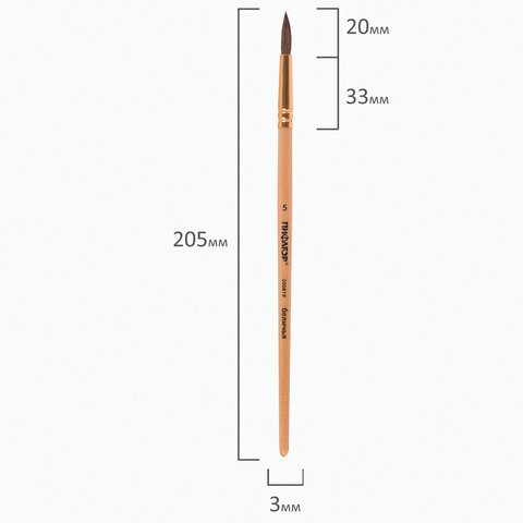Кисть ПИФАГОР, БЕЛКА, круглая, № 5, деревянная лакированная ручка, с колпачком, 200819