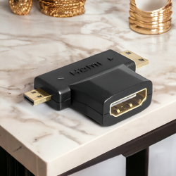 Угловой переходник HDMI F - mini HDMI M - micro HDMI M, черный / Для подключения ноутбуков, камер, видеокамер, планшетов к мониторам, телевизорам и проекторам