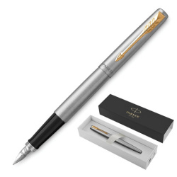 Ручка перьевая PARKER "Jotter Stainless Steel GT", корпус серебристый, позолота, синяя, 2030948