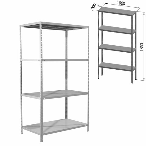 Стеллаж металлический BRABIX "MS Plus-185/60-4", 1850х1000х600 мм, 4 полки, регулируемые опоры, 291107, S241BR156402