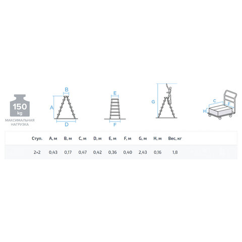 Стремянка алюминиевая двухсторонняя 2х2 ступени, высота площадки 0,43 м, до 150 кг, вес 1,8 кг, НОВАЯ ВЫСОТА, 1120202