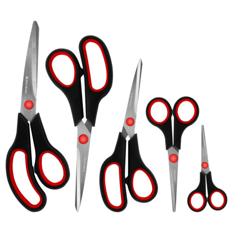 Ножницы BRAUBERG SOFT GRIP НАБОР 5 штук (140, 170, 190, 220, 240 мм), эргономичные черно-красные ручки, ВЫГОДНАЯ УПАКОВКА, 238410