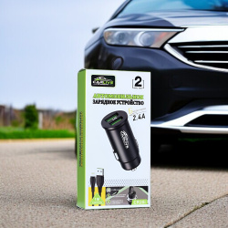 Автомобильное зарядное устройство, выходной ток 5V/2.4A, 2 USB-порта, мощность 24 Вт, кабель Lightning 1 м, черный / Двойная зарядка с удобным кабелем в комплекте