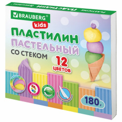 Пластилин классический пастельные цвета BRAUBERG KIDS, 12 цветов, 180 грамм, стек, 106681