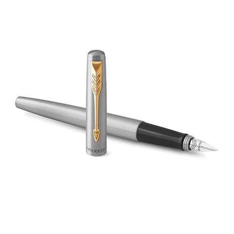 Ручка перьевая PARKER "Jotter Stainless Steel GT", корпус серебристый, позолота, синяя, 2030948