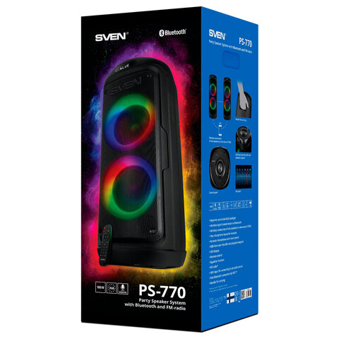 Колонка портативная SVEN PS-770, 100 Вт, TWS, Bluetooth, FM, USB, microSD, LED-дисплей, черный, SV-021719