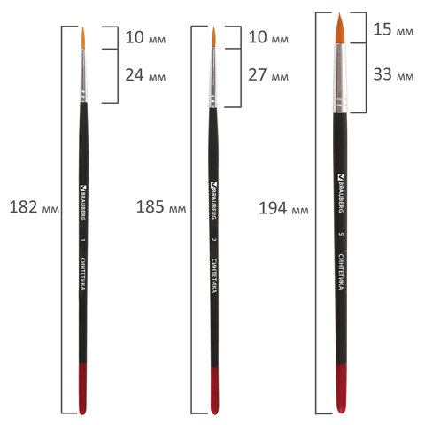 Кисти BRAUBERG, набор 5 шт. (синтетика, круглые № 1, 2, 5, плоские № 5, 8), блистер, 200219