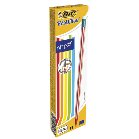 Карандаш чернографитный BIC, 1 шт., "Evolution Stripes", HB, с ластиком, корпус ассорти, 8960342