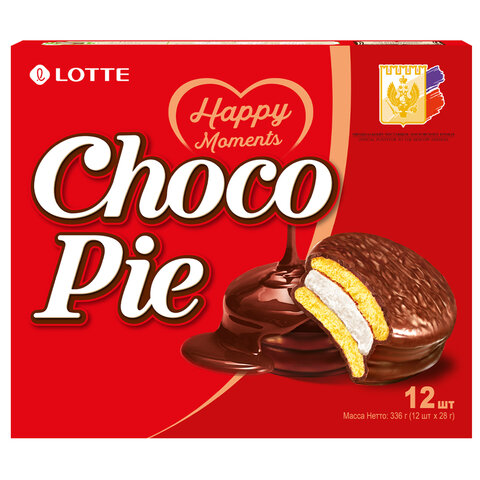 Печенье LOTTE "Choco Pie" ("Чоко Пай"), прослоенное, глазированное, в картонной упаковке, 336 г (12 штук х 28 г)