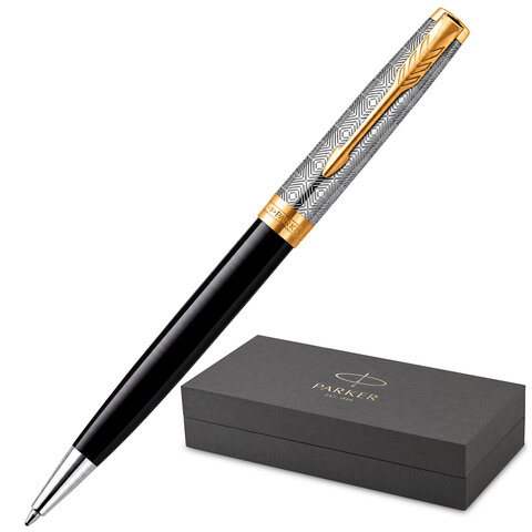 Ручка шариковая PARKER "Sonnet Premium Metal Black GT", корпус серебристый, детали золото, черная, 2119787