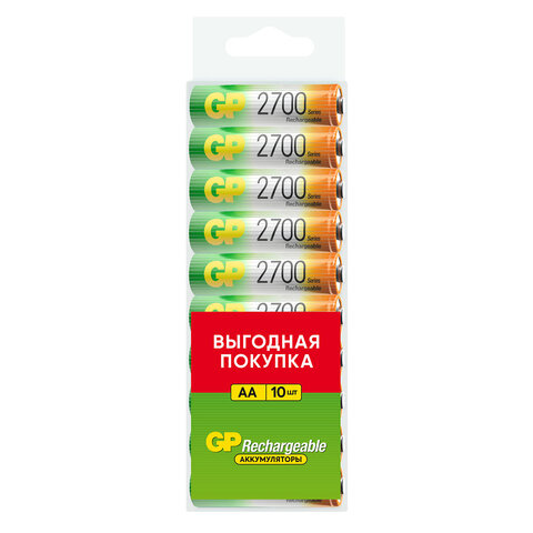 Батарейки аккумуляторные GP, АА (HR6), Ni-Mh, 2650 mAh, 10 шт, пластиковый бокс, 270AAHC-CRB10