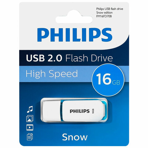 Флеш-диск 16 GB PHILIPS SNOW, разъем USB 2.0, синий, FM16FD70B/97