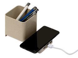 Настольный органайзер Cubic с функциями USB-хаба и беспроводной зарядки, Цвет натуральный