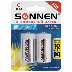 Батарейки КОМПЛЕКТ 2 шт., SONNEN Alkaline, С (LR14, 14А), алкалиновые, блистер, 451090