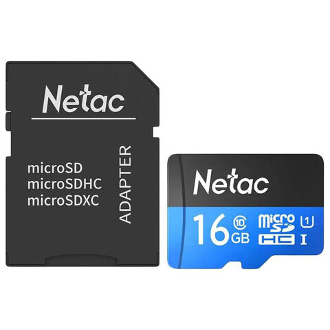 Карта памяти microSDHC 16 ГБ NETAC P500 Standard, UHS-I U1,80 Мб/с (class 10), адаптер, NT02P500STN-016G-R