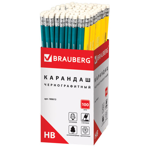 Карандаш чернографитный BRAUBERG, 1 шт., "Fluor", НВ, с ластиком, корпус неоновый ассорти, заточенный, 180613